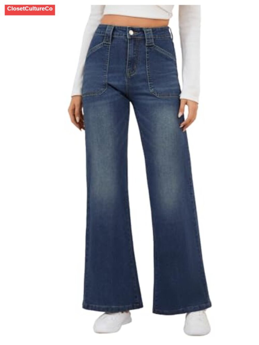 Womens Wide Leg Jeans High Rise Stretch Denim Flare Fit Pockets